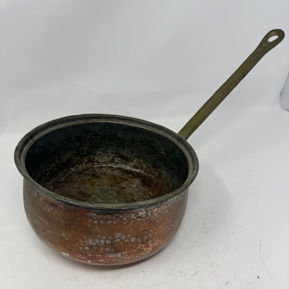 Antique Hammered Copper Saucepan Brass Handle Primitive Rustic Kitchen Decor 8in